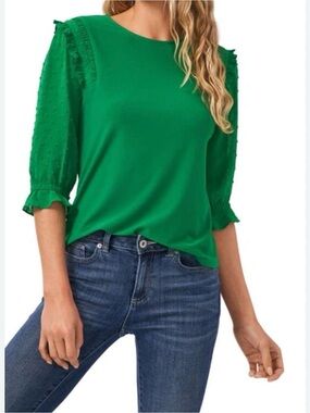 CeCe Swiss Dot Ruffle Sleeve Blouse | Emerald Green | NWT | Size Small